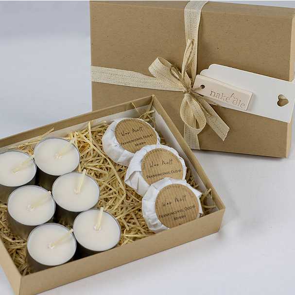 Wax melts and unscented tea lights in box
