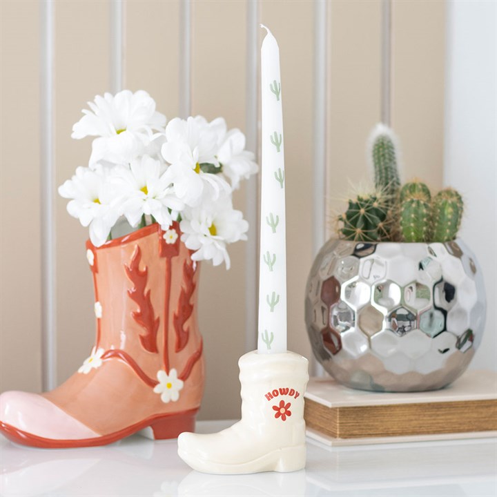 White Cowboy Boot Candle Holder with Taper Candle - Image 3