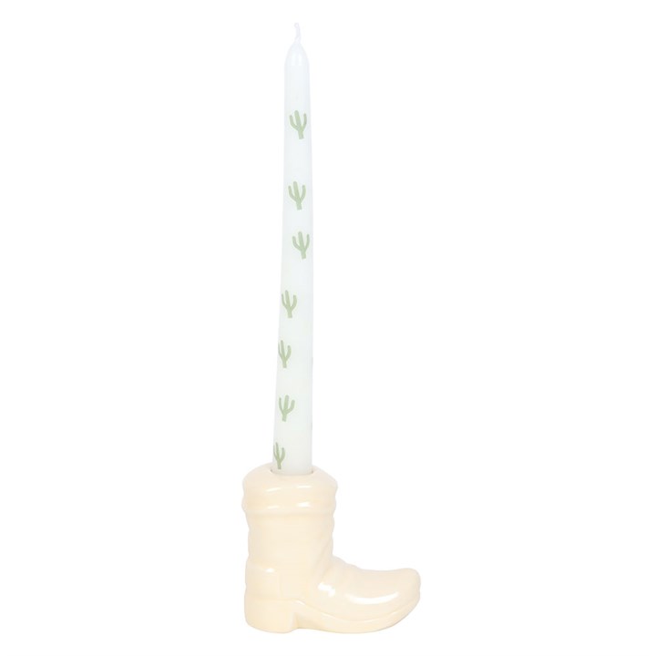 White Cowboy Boot Candle Holder with Taper Candle - Image 2