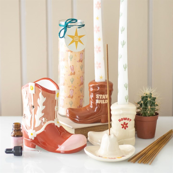 Howdy Cowboy Boot Print Floral Tube Candle - Image 4