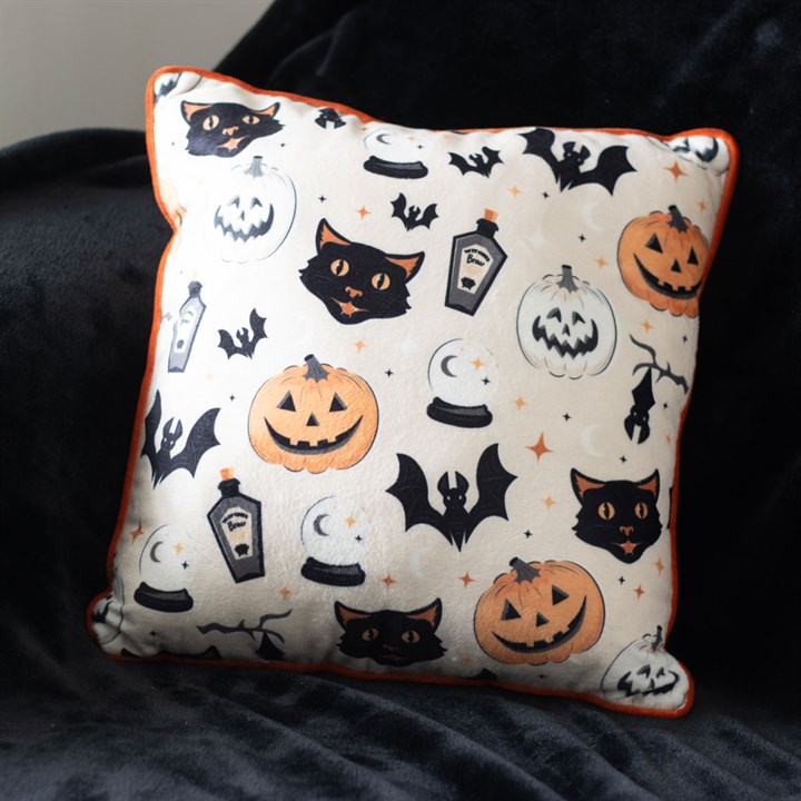 35cm Square Spooky Cat and Pumpkin Print Cushion - Image 4